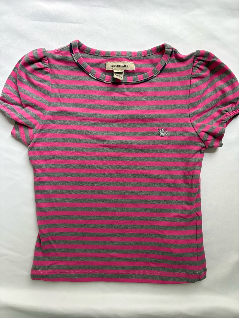 Burberry Pink and Gray Striped Puff Sleeve Tee
